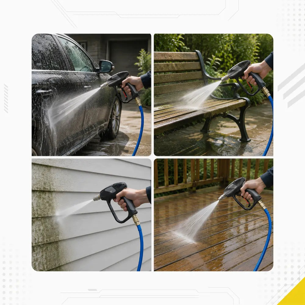 DECA short black pressure washer spray gun and blue hose application infographic, featuring a four-panel collage demonstrating residential cleaning tasks: car washing, wooden patio bench rinsing, removing moss from house siding, and blasting dirt off a wooden patio deck.