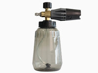 Deca heavy-duty pressure washer foam cannon with translucent grey bottle, solid brass core, and adjustable spray nozzle for car washing and detailing.