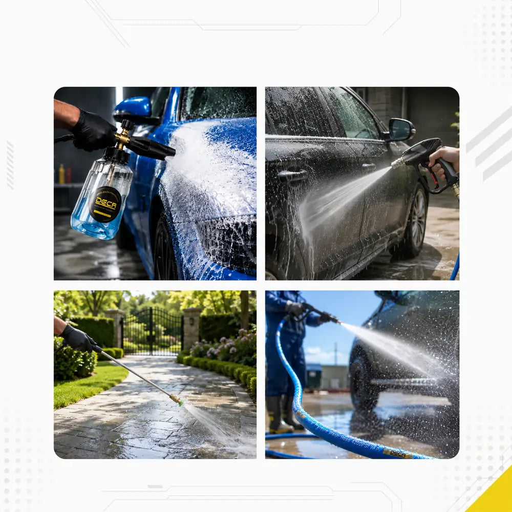 DECA pressure washer accessories in use scenarios: four-panel collage showcasing car foam washing, high pressure car rinsing, driveway stone cleaning with an extension wand, and heavy duty commercial detailing with a blue steel-braided hose.