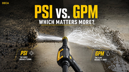 PSI vs. GPM comparison showing water pressure breaking up dirt and water flow rinsing it away