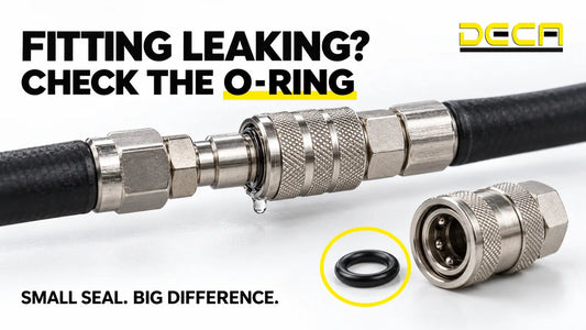 Pressure washer quick-connect fitting with a leaking joint beside a replacement O-ring.
