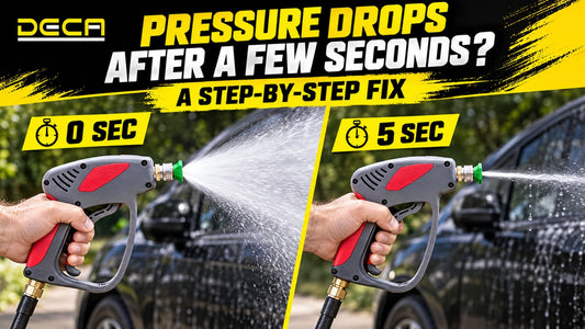 DECA pressure washer gun showing strong pressure at startup and weak water pressure after a few seconds.