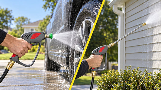 DECA short pressure washer gun cleaning a vehicle wheel and an extension wand rinsing house siding