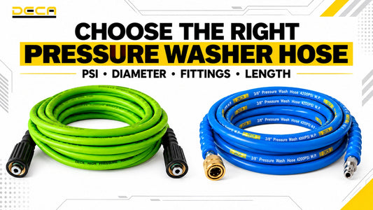 DECA green and blue pressure washer hoses compared by PSI, diameter, fittings, and length