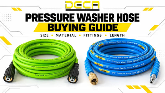 DECA green 1/4-inch 3200 PSI hose and blue 3/8-inch 4200 PSI hose comparison.