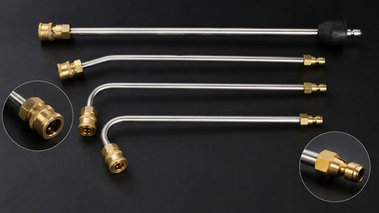 Four DECA stainless steel pressure washer wands with various bend angles and brass quick-connect fittings.