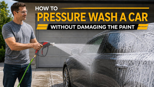 Man safely pressure washing a car with a DECA spray gun and 40-degree white nozzle