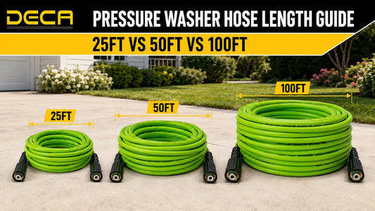 DECA green pressure washer hoses compared in 25FT, 50FT and 100FT lengths 适用场景图