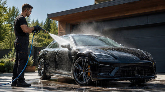Person safely pressure washing a clean black car with a pressure washer