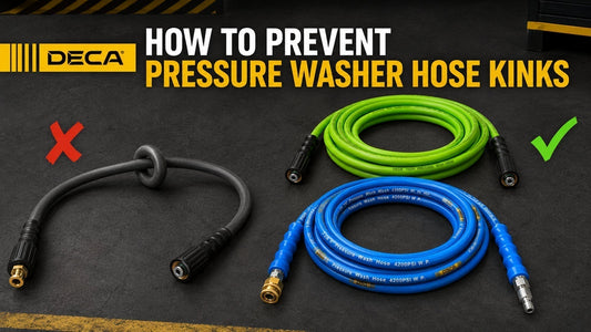 DECA green and blue pressure washer hoses displayed beside a kinked hose, showing how to prevent hose kinks.