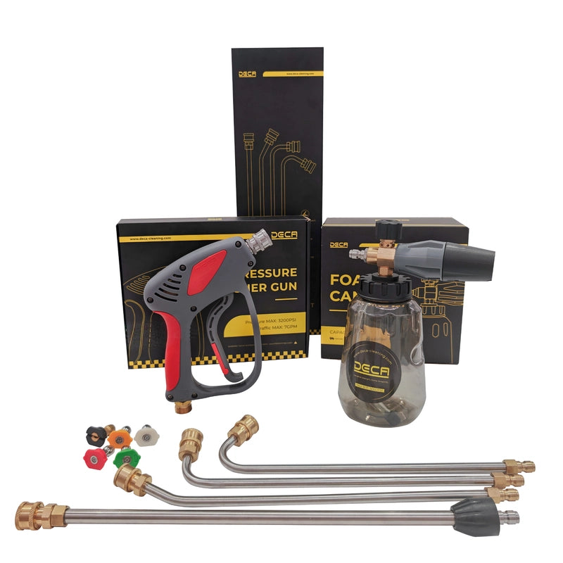 Complete pressure washer accessory kit with short spray gun, foam cannon, extension wands, color-coded nozzles, and brand packaging boxes