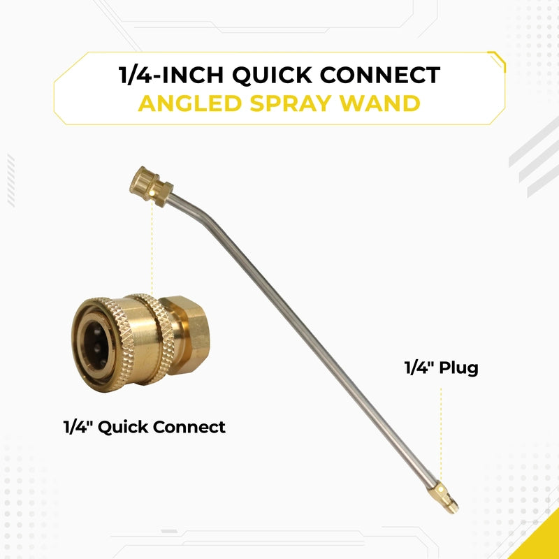 Deca 1/4-inch quick connect angled spray wand for pressure washer, showing detailed close-up of 1/4" quick connect female coupler and 1/4" male plug.