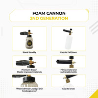 DECA 2nd generation foam cannon comparison infographic, showcasing product upgrades including a stand-steadily bottle, premium brass and improved plastic materials, and a widened neck that is leakage and breakage-proof compared to traditional flimsy bottles.
