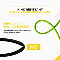 DECA 3200 PSI green pressure washer hose kink resistant comparison infographic, demonstrating premium flexible material that ensures smooth water flow without breaking, contrasted against a standard black hose that easily crimps.