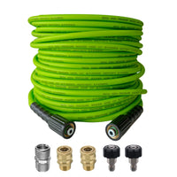 DECA flexible green high pressure washer replacement hose with 1/4 inch diameter and 3200 PSI working pressure rating, accompanied by a heavy-duty 5-piece brass and stainless steel quick-connect adapter fitting set.