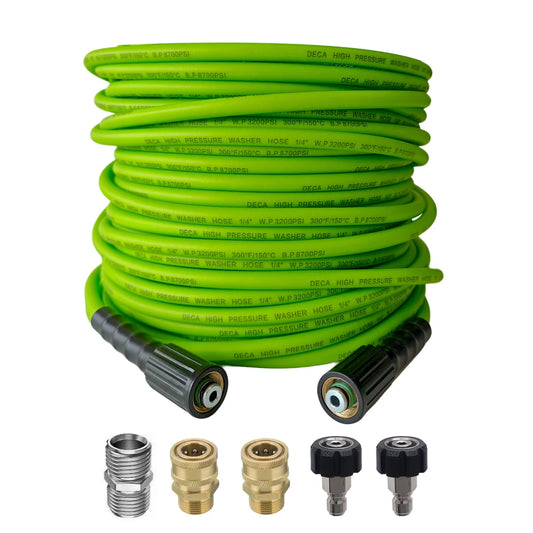 DECA flexible green high pressure washer replacement hose with 1/4 inch diameter and 3200 PSI working pressure rating, accompanied by a heavy-duty 5-piece brass and stainless steel quick-connect adapter fitting set.