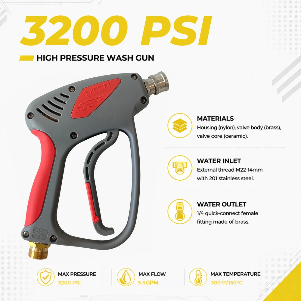 DECA 3200 PSI high pressure wash gun technical specifications infographic featuring the red handle spray gun variant, detailing professional materials with nylon housing, brass valve body, M22-14mm external thread water inlet, 1/4 inch quick-connect outlet, max 5.5 GPM flow, and 300°F/150°C max temperature.