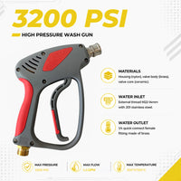 DECA 3200 PSI high pressure wash gun technical specifications infographic featuring the red handle spray gun variant, detailing professional materials with nylon housing, brass valve body, M22-14mm external thread water inlet, 1/4 inch quick-connect outlet, max 5.5 GPM flow, and 300°F/150°C max temperature.