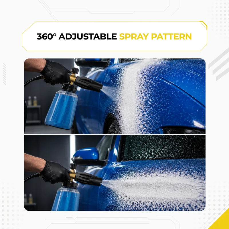 Deca 360-degree adjustable foam cannon showing vertical and horizontal spray pattern options, blasting wide snow foam blankets onto a blue car.