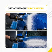Deca 360-degree adjustable foam cannon showing vertical and horizontal spray pattern options, blasting wide snow foam blankets onto a blue car.