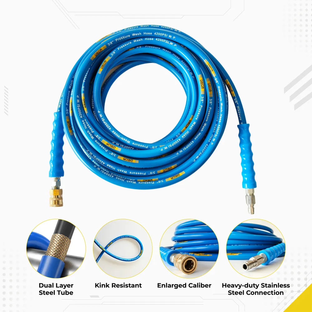 DECA 4200 PSI blue pressure washer hose features infographic, showcasing its professional specifications: dual layer steel tube reinforcement, kink resistant body design, enlarged caliber for higher flow, and a heavy-duty stainless steel connection fitting.