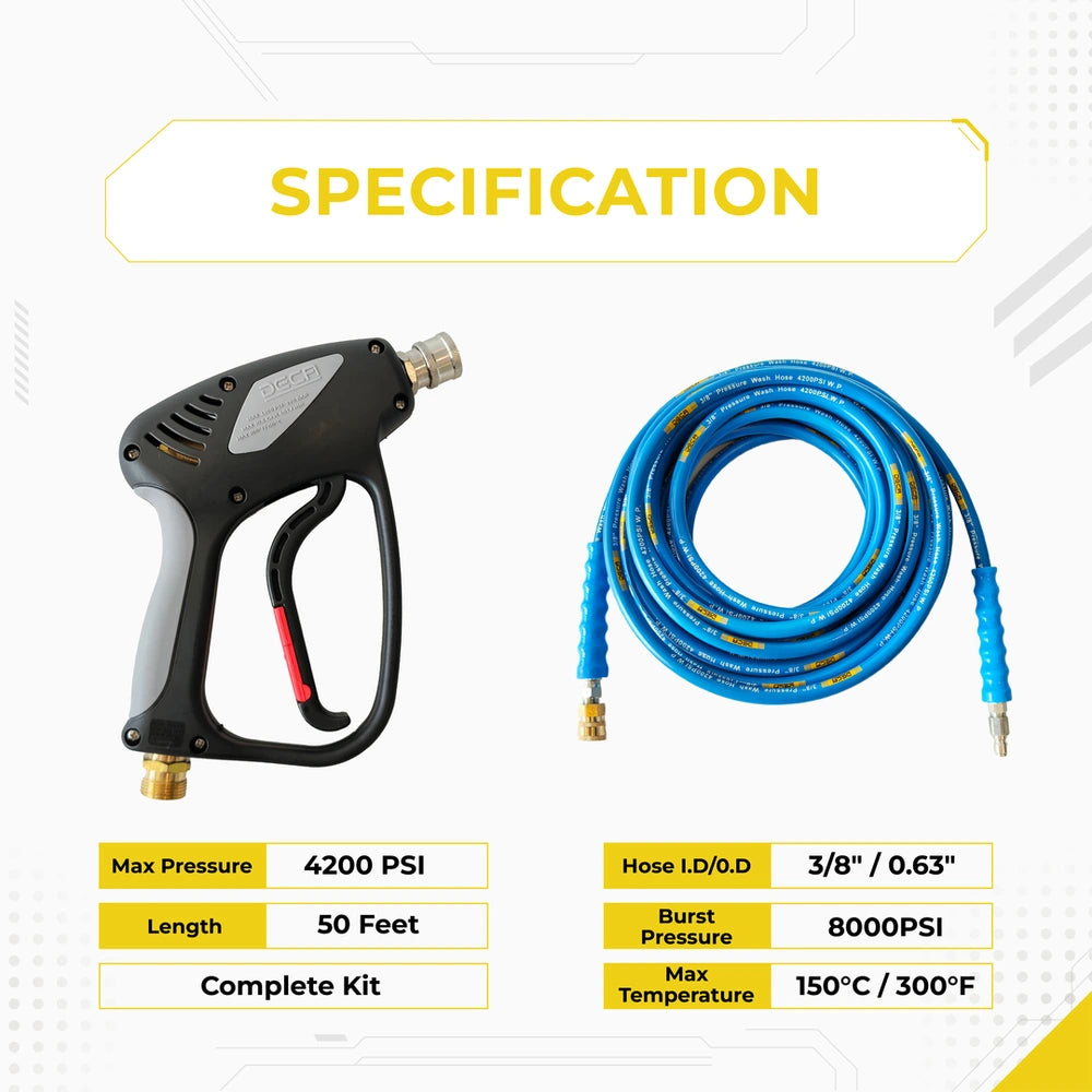 DECA high pressure washer spray gun and blue hose combo kit specifications infographic, detailing technical data: max pressure 4200 PSI, 50 Feet length, 3/8 inch hose inner diameter, 8000 PSI burst pressure, and 300°F maximum temperature.