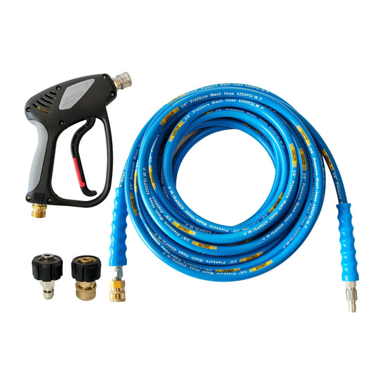 DECA high pressure washer upgrade combo kit featuring a short spray gun, a professional 4200 PSI bright blue 3/8 inch pressure wash hose, and a set of brass and stainless steel quick-connect adapter fittings.