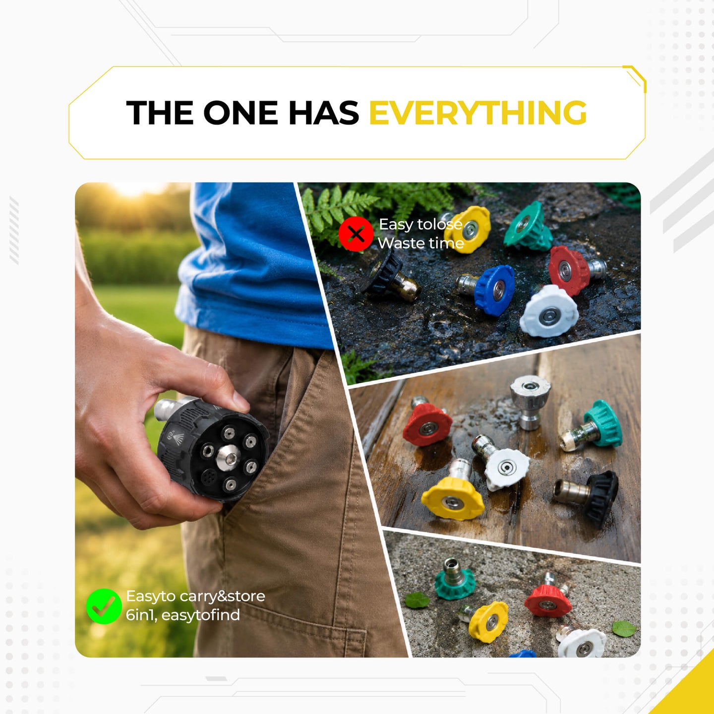 Deca 6-in-1 all-in-one pressure washer nozzle comparison chart, contrasting a pocket-sized convenient dial nozzle with standard loose, easy-to-lose multicolored spray tips.