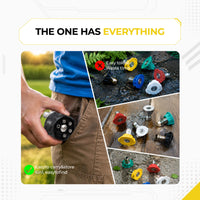 Deca 6-in-1 all-in-one pressure washer nozzle comparison chart, contrasting a pocket-sized convenient dial nozzle with standard loose, easy-to-lose multicolored spray tips.