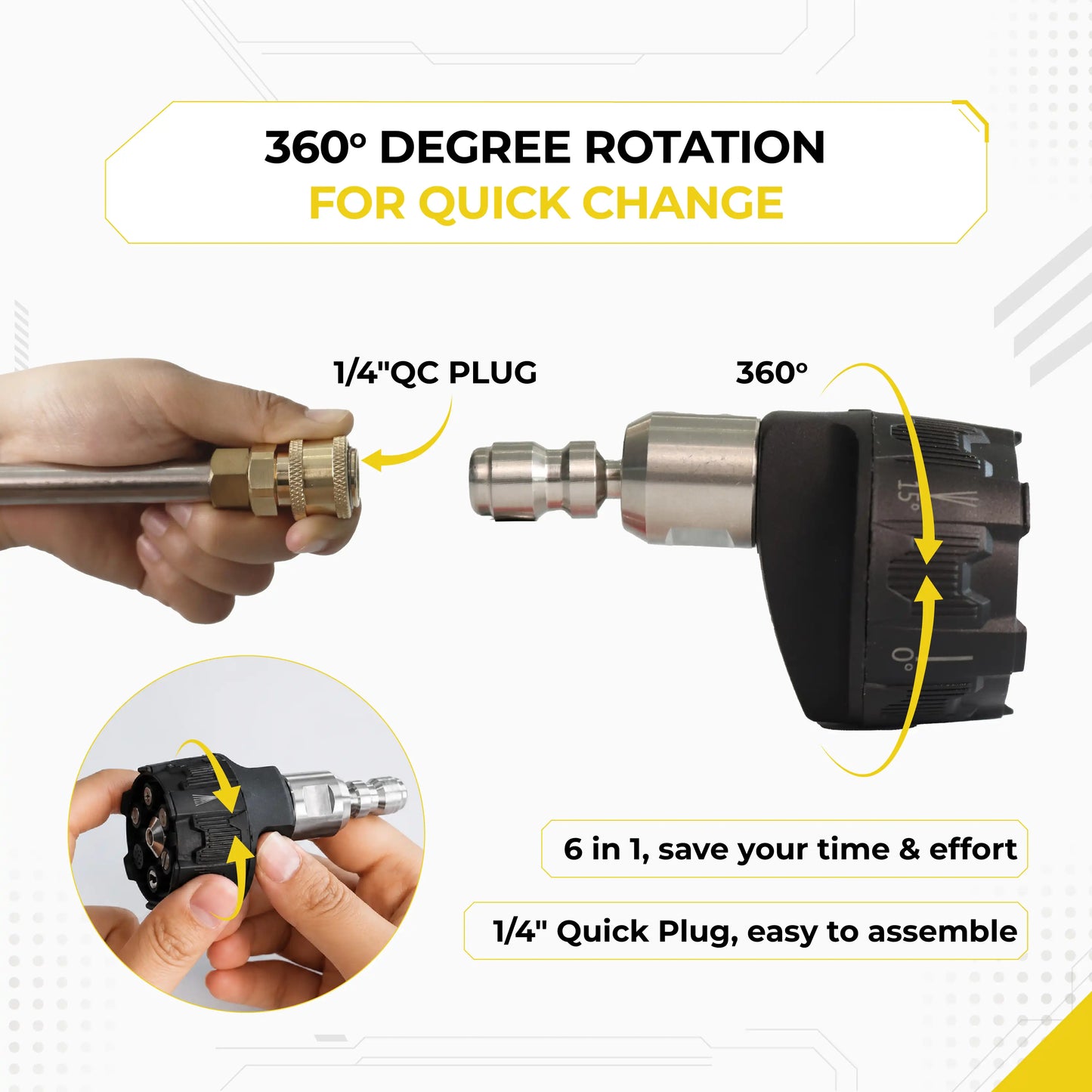 Hand demonstrating Deca 6-in-1 pressure washer nozzle installation via 1/4 inch quick connect plug, with close-up of rotating dial for 360-degree spray angle adjustments.