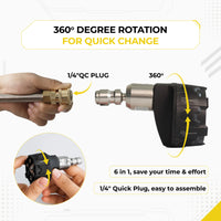 Hand demonstrating Deca 6-in-1 pressure washer nozzle installation via 1/4 inch quick connect plug, with close-up of rotating dial for 360-degree spray angle adjustments.