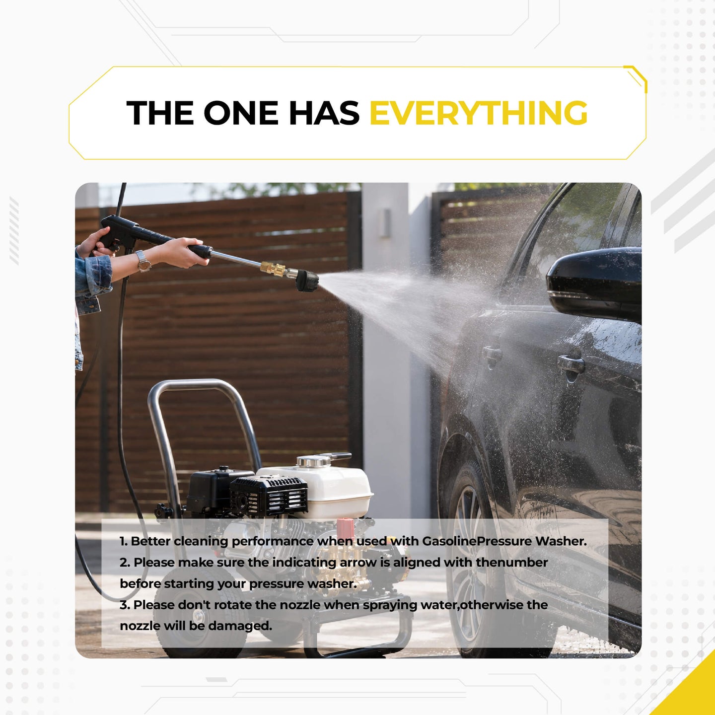 Deca 6-in-1 pressure washer nozzle in action blasting wide fan spray during a professional car wash setup next to a heavy-duty gas pressure washer machine.