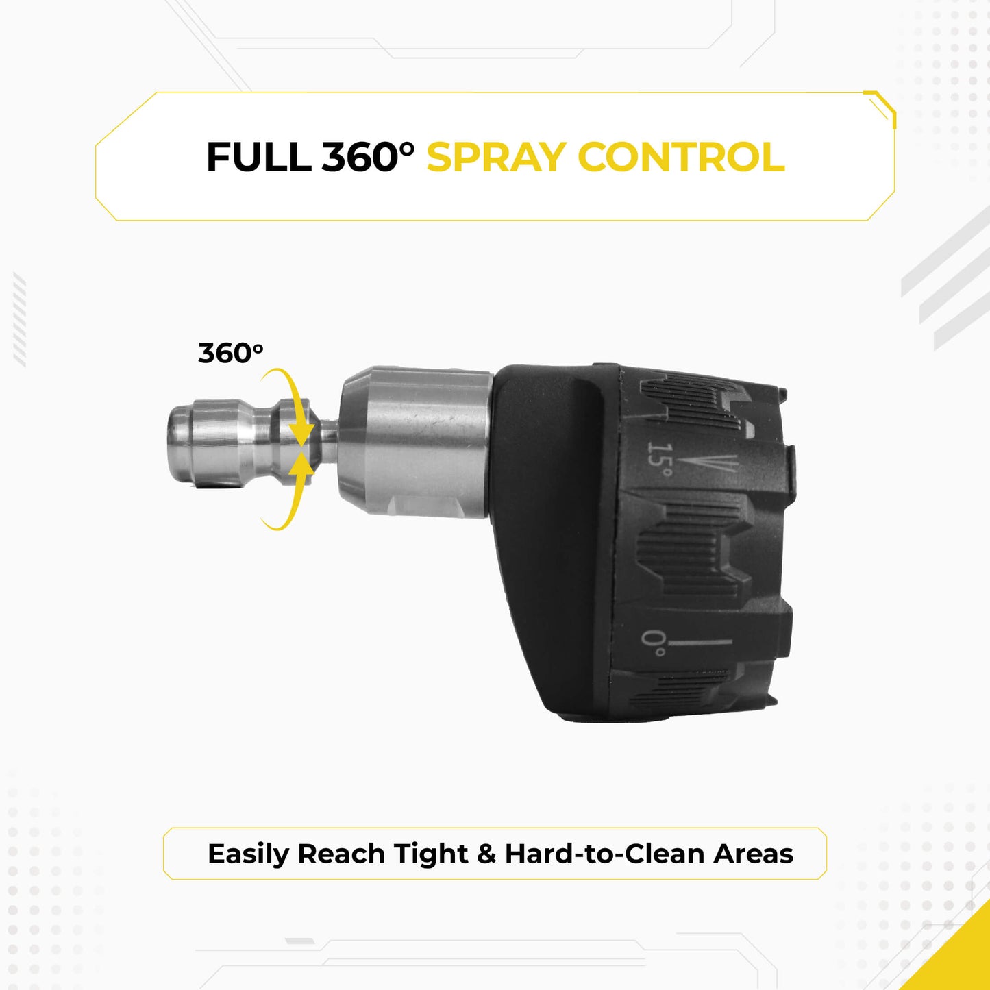 Deca 6-in-1 pressure washer dial nozzle showcasing full 360-degree swivel joint control for easily reaching tight and hard-to-clean areas during car wash detailing.