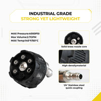 Deca 6-in-1 adjustable pressure washer nozzle with industrial grade specifications, detailing max 4200 PSI, high-density lightweight material housing, and 1/4 inch quick coupling.