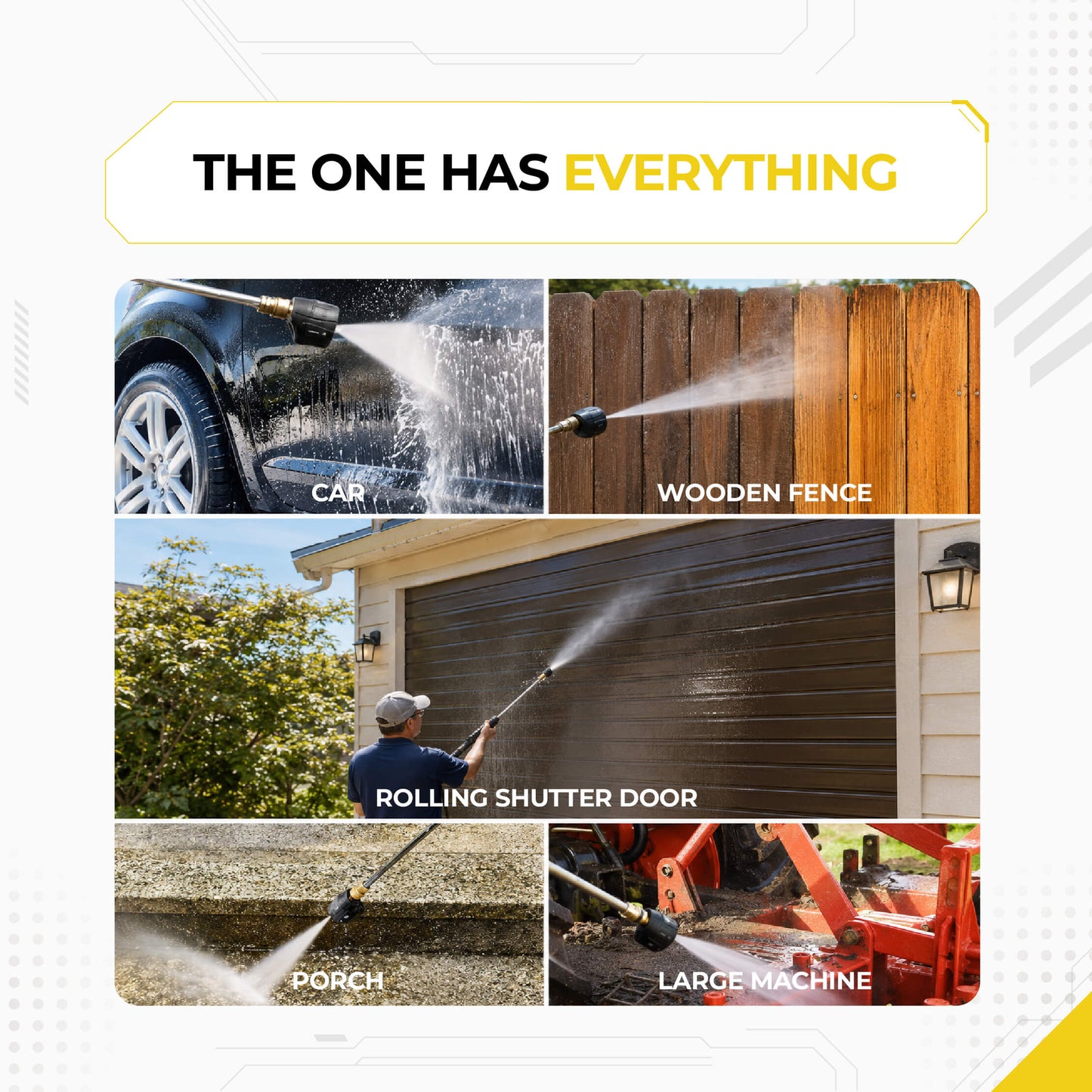 Deca 6-in-1 multi-purpose pressure washer nozzle applications, demonstrating versatile cleaning on cars, wooden fences, rolling garage shutter doors, sidewalks, and heavy farm implements.