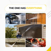 Deca 6-in-1 multi-purpose pressure washer nozzle applications, demonstrating versatile cleaning on cars, wooden fences, rolling garage shutter doors, sidewalks, and heavy farm implements.