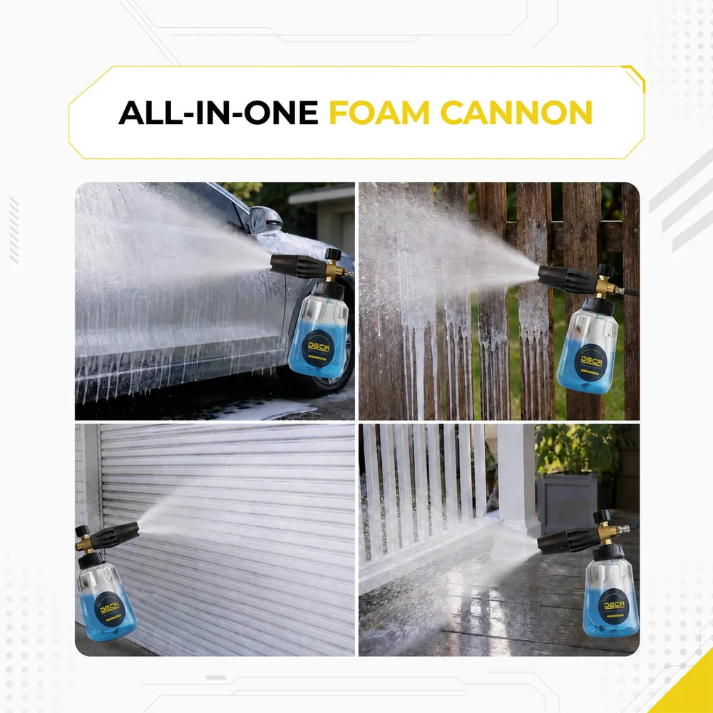 DECA all-in-one foam cannon application infographic, featuring a four-panel collage that demonstrates versatile multi-purpose outdoor cleaning: spraying thick snow foam for car washing, cleaning a wooden fence, washing a metal garage shutter door, and blasting detergent onto a patio porch deck.