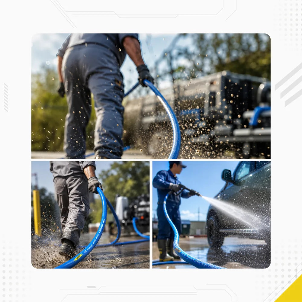 DECA blue professional pressure washer hose commercial application infographic, featuring a three-panel collage demonstrating heavy-duty industrial use: workers dragging the abrasion-resistant 4200 PSI hose on concrete and a professional car detailing spray scene.