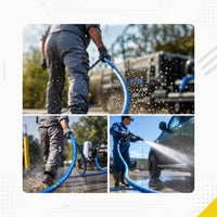 DECA blue professional pressure washer hose commercial application infographic, featuring a three-panel collage demonstrating heavy-duty industrial use: workers dragging the abrasion-resistant 4200 PSI hose on concrete and a professional car detailing spray scene.