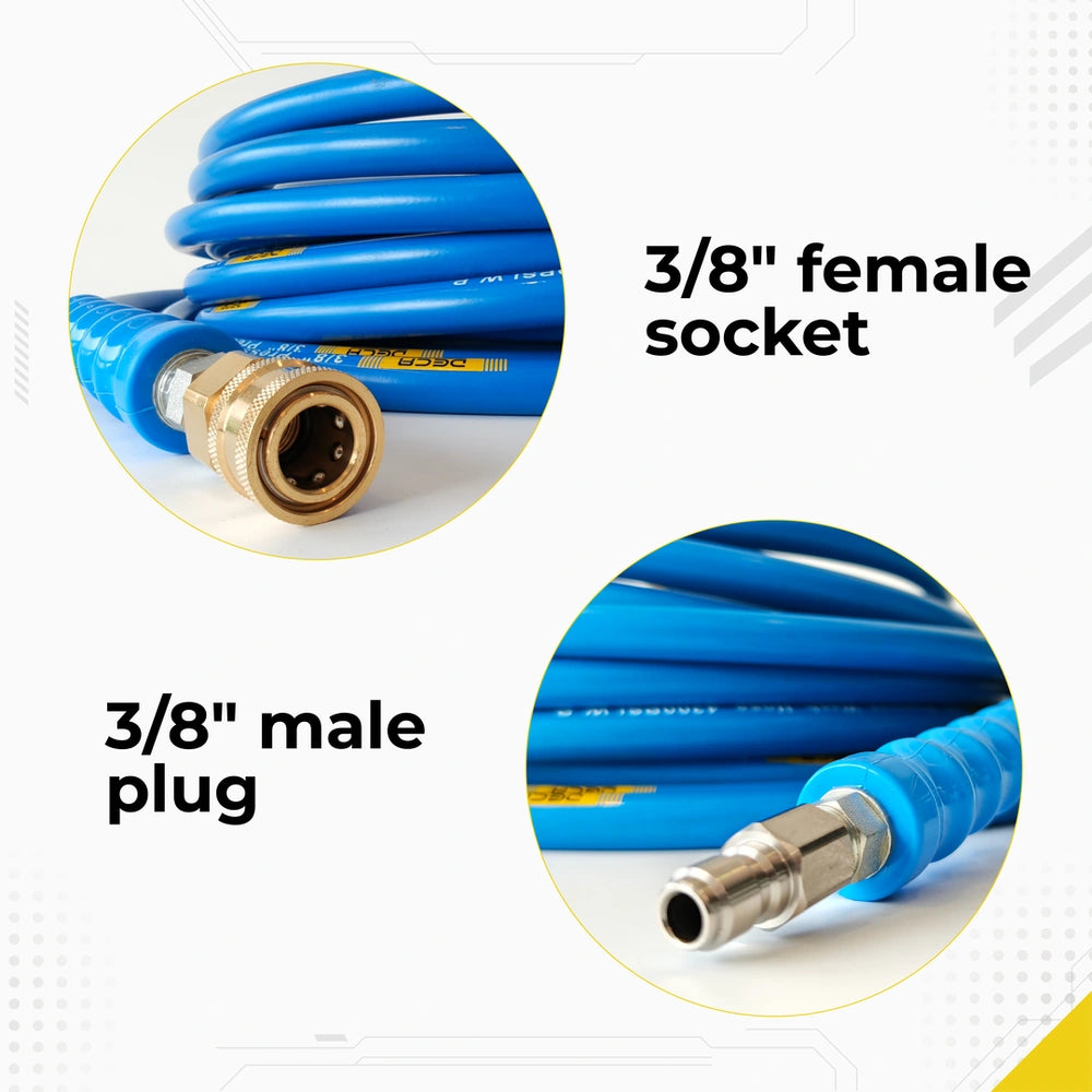 DECA blue high pressure washer hose connection endpoints detail infographic, showcasing the heavy-duty 3/8 inch brass female socket and the 3/8 inch stainless steel male plug quick connect fittings.