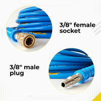 DECA blue high pressure washer hose connection endpoints detail infographic, showcasing the heavy-duty 3/8 inch brass female socket and the 3/8 inch stainless steel male plug quick connect fittings.
