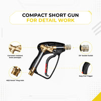 DECA compact short pressure washer gun internal structure diagram for detail work (version 3), highlighting corrosion-resistant brass passages, stainless steel tube, M22-14mm plug inlet, 1/4 inch socket outlet, and an easy-pull trigger.