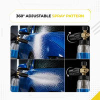 DECA foam cannon infographic explaining the 360 degree adjustable spray pattern, demonstrating how rotating the nozzle switches between horizontal and vertical thick snow foam spray patterns on a blue car.