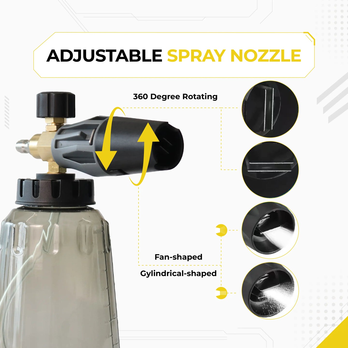 Deca foam cannon adjustable spray nozzle feature detail, highlighting 360-degree rotating nozzle to switch between fan-shaped and cylindrical-shaped foam spray patterns.