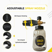 DECA 5000 PSI foam cannon adjustable spray nozzle infographic (version 2), demonstrating 360 degree rotating functionality to switch between fan-shaped and cylindrical-shaped snow foam spray patterns for car washing.