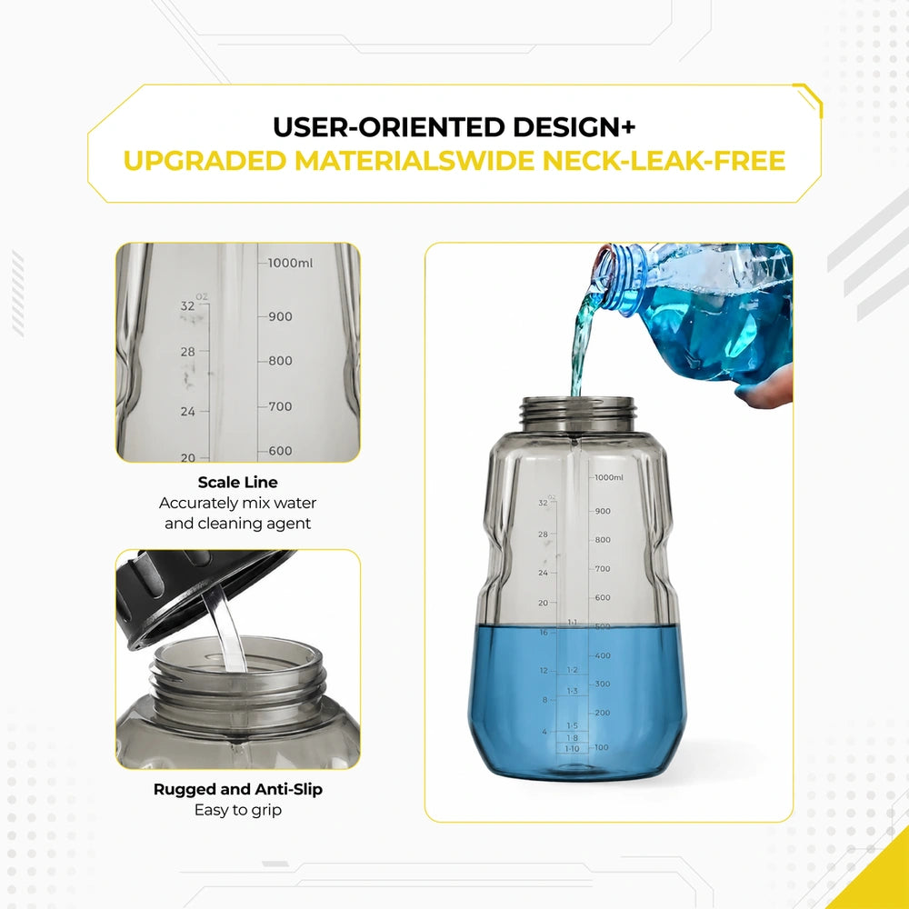 DECA foam cannon bottle features infographic, highlighting user-oriented design with an accurate scale line for mixing cleaning agents, a rugged anti-slip body for easy grip, and an upgraded wide neck for leak-free liquid pouring.