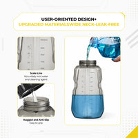 DECA foam cannon bottle features infographic, highlighting user-oriented design with an accurate scale line for mixing cleaning agents, a rugged anti-slip body for easy grip, and an upgraded wide neck for leak-free liquid pouring.