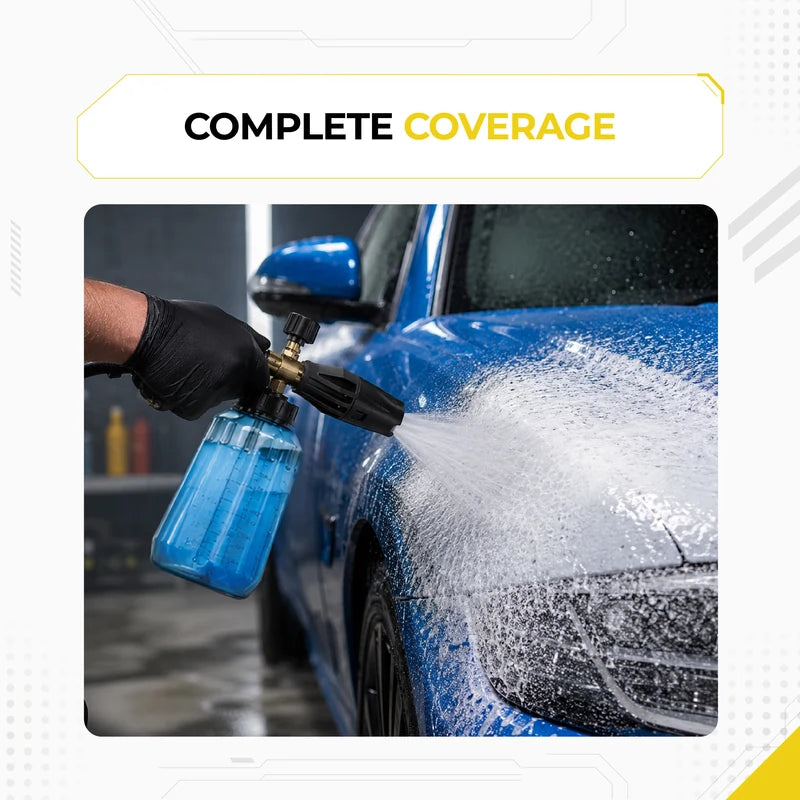 Deca foam cannon in action providing complete coverage, blasting thick snow foam onto a blue car during car detailing.