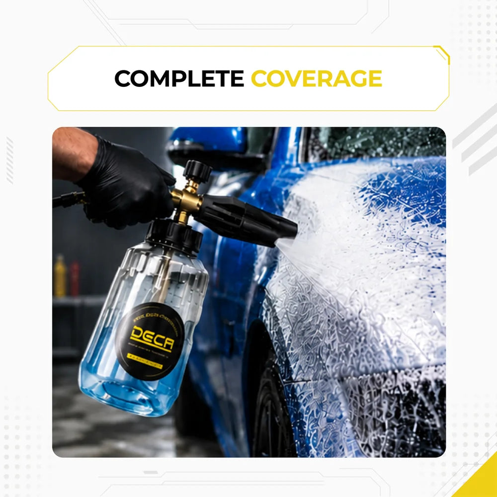 DECA high pressure foam cannon infographic demonstrating complete coverage car washing, spraying thick snow foam onto a blue vehicle for professional car detailing.
