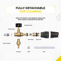DECA foam cannon exploded view diagram highlighting its fully detachable design for cleaning and maintenance, showing internal parts including adjustable knob, metal strainer, foam maker, quick coupling, connector, filter, and suction hose.